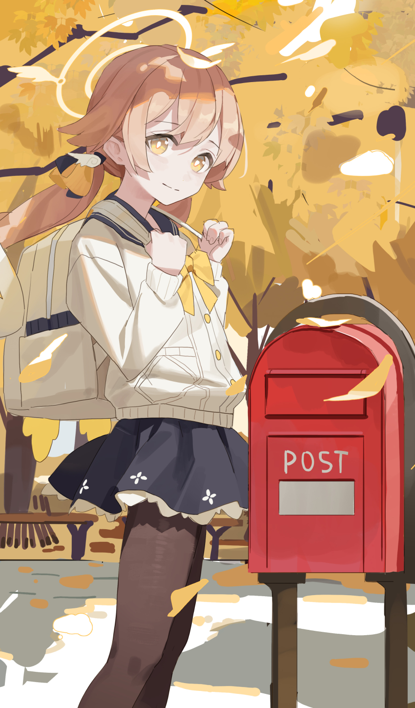 1girl absurdres autumn autumn_leaves backpack bag black_pantyhose black_sailor_collar black_skirt blue_archive bow bowtie bright_pupils brown_hair cardigan chinese_commentary closed_mouth commentary_request falling_leaves fanshuimucishen feet_out_of_frame frilled_skirt frills from_side hair_between_eyes hair_ornament halo hands_up hifumi_(blue_archive) highres holding_strap leaf long_hair long_sleeves looking_at_viewer looking_to_the_side low_twintails miniskirt outdoors pantyhose partial_commentary postbox_(outgoing_mail) puffy_long_sleeves puffy_sleeves road sailor_collar school_uniform serafuku skirt solo standing tree twintails white_bag white_cardigan white_pupils wing_hair_ornament winged_halo yellow_bow yellow_bowtie yellow_eyes yellow_halo