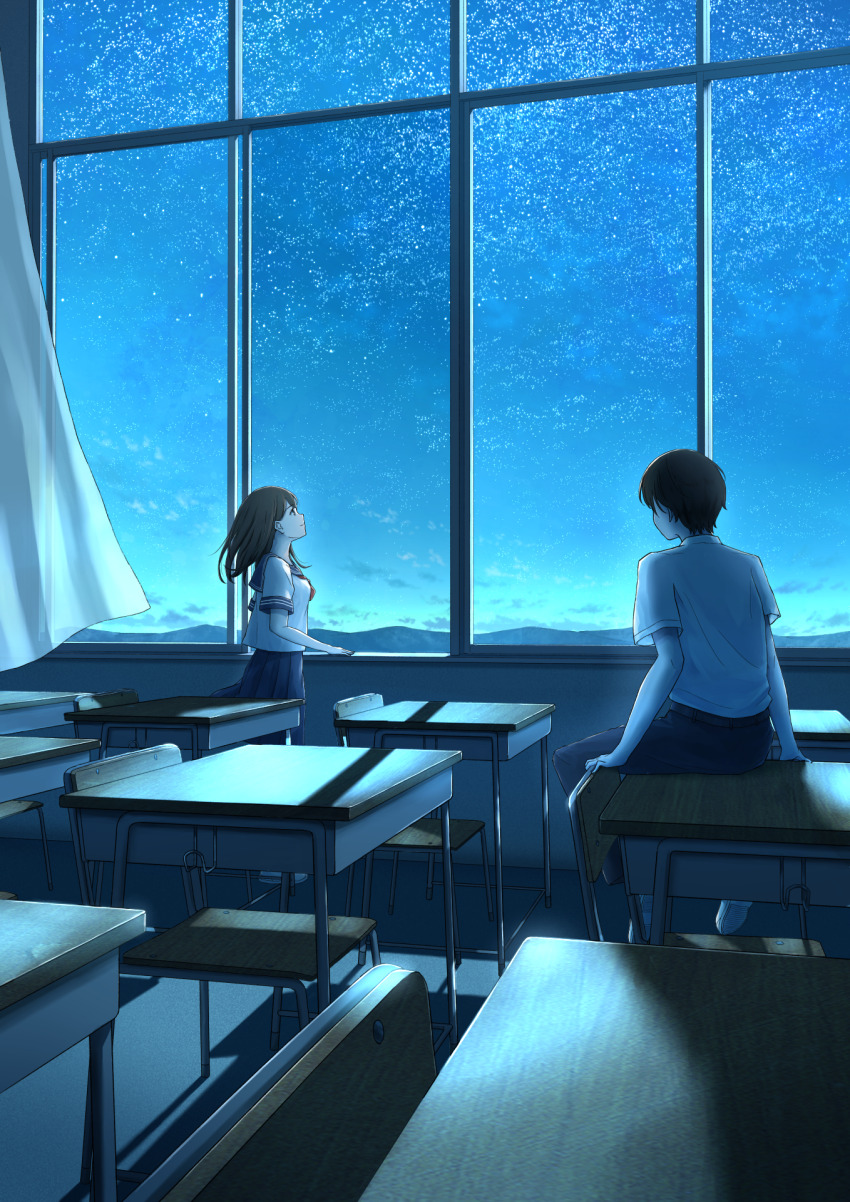 1boy 1girl anyotete black_hair blue_pants blue_sailor_collar blue_skirt chair classroom closed_mouth commentary commentary_request curtains desk english_commentary from_behind from_side highres indoors long_hair moonlight mountainous_horizon night night_sky official_art original pants pleated_skirt profile sailor_collar school_chair school_desk school_uniform serafuku shadow shirt short_sleeves sitting sitting_on_table skirt sky star_(sky) starry_sky white_shirt wide_shot window
