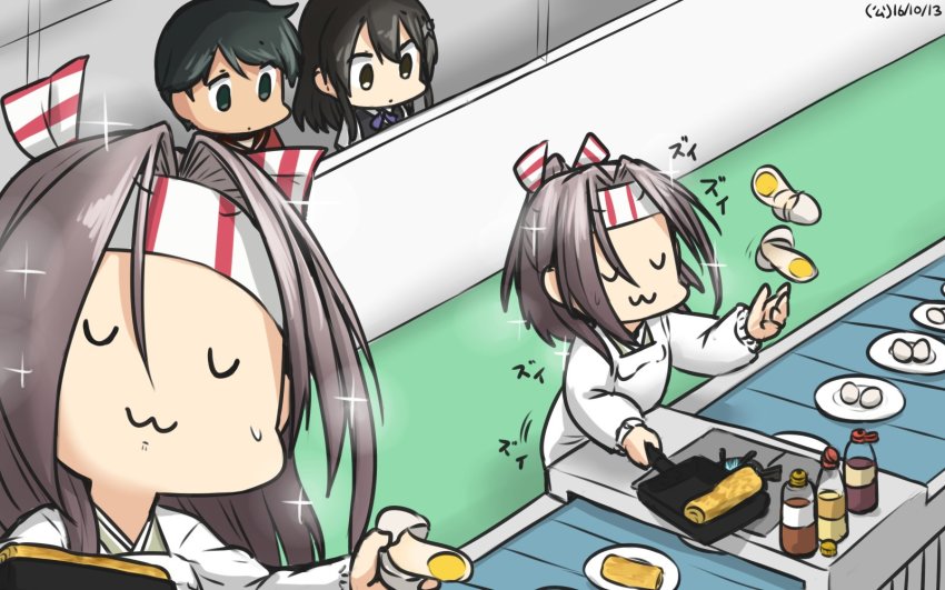 10s 3girls apron closed_eyes commentary conveyor_belt dated egg empty_eyes food frying_pan hachimaki hamu_koutarou headband highres kantai_collection kappougi long_hair makiyakinabe mogami_(kancolle) multiple_girls omelet oyashio_(kancolle) ribbon school_uniform serafuku short_hair sparkle sweat tamagoyaki u_u v_v vest zui_zui_dance zuihou_(kancolle)