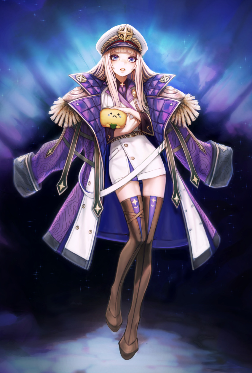 1girl absurdres amanogawa_shiina belt blonde_hair blue_eyes boots brown_boots coat coat_on_shoulders colored_inner_hair dress epaulettes hat highres holding holding_stuffed_toy lips long_hair multicolored_hair parted_lips peaked_cap phase_connect purple_coat purple_hair sad_bee_(amanogawa_shiina) solo star_(symbol) stuffed_toy teonanix thigh_boots thighhighs virtual_youtuber white_dress white_hat zettai_ryouiki