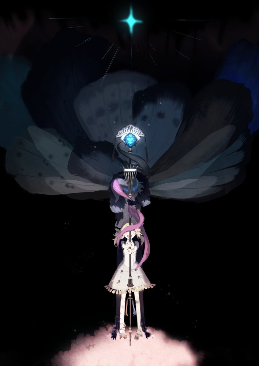 1boy 1girl arthropod_boy artoria_caster_(fate) artoria_caster_(first_ascension)_(fate) artoria_pendragon_(fate) bare_shoulders black_hair blonde_hair bug butterfly_wings cape cloak crown denoia diamond_hairband dragonfly_wings dress fate/grand_order fate_(series) fur-trimmed_cape fur-trimmed_cloak fur_trim gloves hat highres holding holding_staff insect insect_wings long_hair long_sleeves marmyadose_(fate) medium_hair moth oberon_(fate) oberon_(third_ascension)_(fate) official_alternate_hair_color open_mouth shirt simple_background sleeveless smile staff twintails vest white_shirt white_vest wing_cape wings