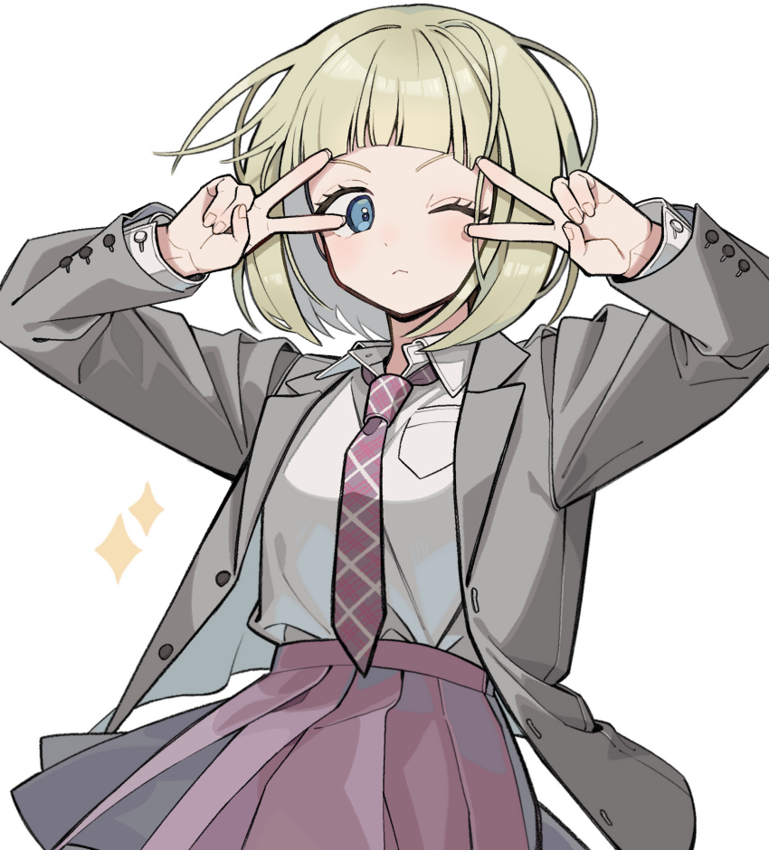 1girl ;&lt; blazer blonde_hair blue_eyes blunt_bangs bob_cut breast_pocket closed_mouth collared_shirt commentary double_v eyelashes grey_jacket hands_up highres hiyami_aki jacket korean_commentary looking_at_viewer nana_0253 necktie pink_necktie pink_skirt pleated_skirt pocket school_uniform shirt shirt_tucked_in short_hair simple_background skirt upper_body v white_background white_shirt world_trigger