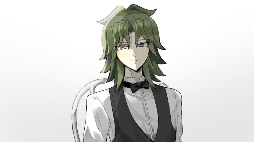 1boy antenna_hair arms_at_sides arms_behind_back black_bow black_bowtie bow bowtie brown_hair chair dress_shirt facing_viewer formal_clothes green_hair grey_eyes half-closed_eyes highres light_smile male_focus medium_hair nakano_hero_d naughty_face parted_bangs server shirt tenjouin_fubuki upper_body vest waistcoat white_background white_shirt yu-gi-oh! yu-gi-oh!_gx