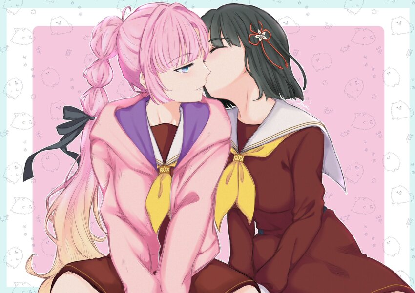 2girls animal_background anyoji_hime black_hair black_ribbon blonde_hair blue_eyes blunt_bangs blunt_ends bob_cut border breasts brown_dress commentary dress flower flower_knot gradient_hair hair_flower hair_intakes hair_ornament hair_ribbon hasu_no_sora_school_uniform highres kiss kissing_cheek link!_like!_love_live! long_hair long_sleeves love_live! medium_breasts momose_ginko multi-tied_hair multicolored_dress multicolored_hair multiple_girls neckerchief outside_border parted_lips pink_background pink_hair ponytail profile ranmaro ribbon sailor_collar sailor_dress school_uniform short_hair sitting very_long_hair virtual_youtuber white_border white_flower white_sailor_collar winter_uniform yellow_neckerchief yuri