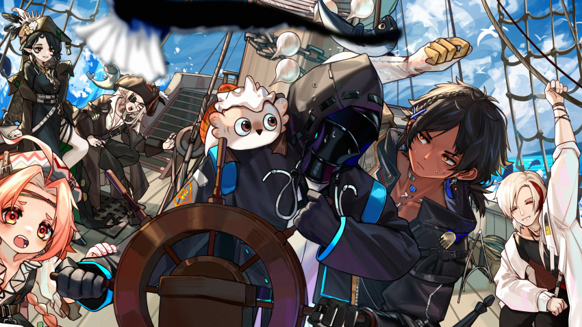 1other 2boys 2girls absurdres arknights black_gloves black_hair black_jacket black_shirt dark-skinned_male dark_skin doctor_(arknights) elysium_(arknights) fish gloves hat highres hood hooded_jacket jacket juana_(arknights) kourou_(kouroukun) mask multiple_boys multiple_girls pirate_hat rose_salt_(arknights) sailing_ship ship shirt steering_wheel thorns_(arknights) thorns_the_lodestar_(arknights) water watercraft white_hair white_jacket white_shirt