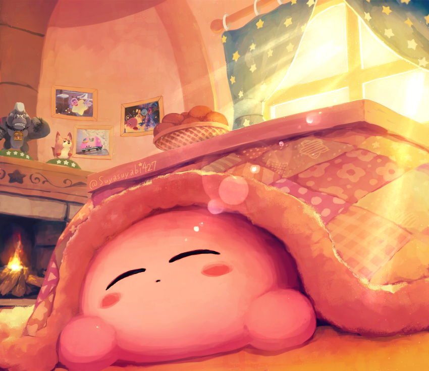absurdres artist_name awoofy bandana_waddle_dee basket blush blush_stickers car_mouth closed_eyes closed_mouth commentary_request copy_ability curtains elfilin figure fire fireplace full_body gorimondo highres ice_kirby indoors kirby kirby_(series) kirby_and_the_forgotten_land kotatsu lens_flare light_rays lying mouthful_mode nintendo no_humans on_stomach photo_(object) picture_frame sleeping star_(symbol) sunlight suyasuyabi table twitter_username under_kotatsu under_table waddle_dee warp_star window