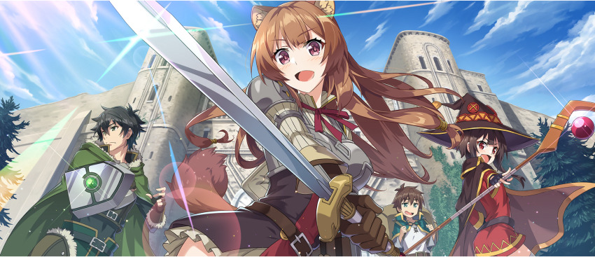 2boys 2girls animal_ear_fluff animal_ears arm_guards arm_shield armor backpack bag belt belt_buckle black_belt black_cloak black_dress black_gloves black_hair black_hat blue_sky blunt_bangs breastplate breasts brown_belt brown_gloves brown_hair buckle cape cloak cloud cloudy_sky crossed_bangs crossover day dress faulds fingerless_gloves floating_hair fold-over_gloves from_below fur-trimmed_cloak fur-trimmed_gloves fur_trim game_cg gloves green_cape green_cloak green_eyes green_pants hand_on_own_hip hand_up hat head_tilt high_collar highres holding holding_staff holding_sword holding_weapon hood hooded_cloak iwatani_naofumi kono_subarashii_sekai_ni_shukufuku_wo! konosuba!_fantastic_days large_bag light_blush long_hair long_sidelocks long_sleeves looking_afar looking_at_viewer looking_down low-tied_sidelocks mage_staff medium_breasts megumin multicolored_dress multiple_boys multiple_girls neck_ribbon official_art open_mouth outdoors pants pinstripe_pattern raccoon_ears raccoon_girl raccoon_tail raphtalia red_dress red_eyes red_ribbon ribbon satou_kazuma shield shirt short_dress short_hair short_hair_with_long_locks sidelocks sky small_breasts staff sunlight sword tail tate_no_yuusha_no_nariagari tree v-shaped_eyebrows very_long_sidelocks w weapon white_dress white_shirt witch_hat