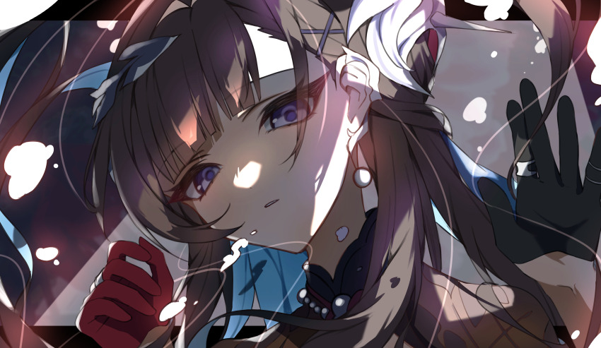 1girl absurdres asymmetrical_gloves black_gloves black_hair blue_eyes close-up earrings gloves hair_ornament highres honkai:_star_rail honkai_(series) hysilens_(honkai:_star_rail) jewelry long_hair looking_at_viewer mismatched_gloves moderate_gold parted_lips red_gloves solo x_hair_ornament