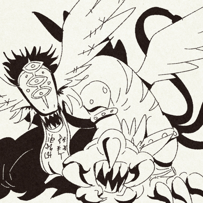digimon digimon_(creature) highres manticoremon monochrome sharp_teeth simple_background solo teeth tongue tongue_out white_background