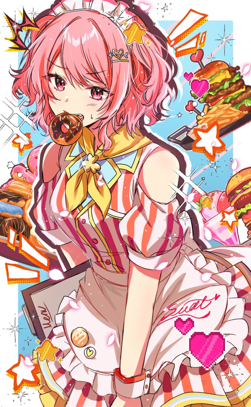 ! 1girl alternate_costume alternate_hairstyle apron bare_shoulders blush breasts burger ceiling39 ceiling79 clothing_cutout donut dress food food_in_mouth hair_ornament heart highres holding holding_menu ice_cream looking_at_viewer maid_headdress medium_breasts menu momoi_airi mouth_hold off_shoulder official_alternate_costume official_alternate_hairstyle pink_eyes pink_hair project_sekai ribbon short_hair shoulder_cutout star_(symbol) waist_apron white_apron