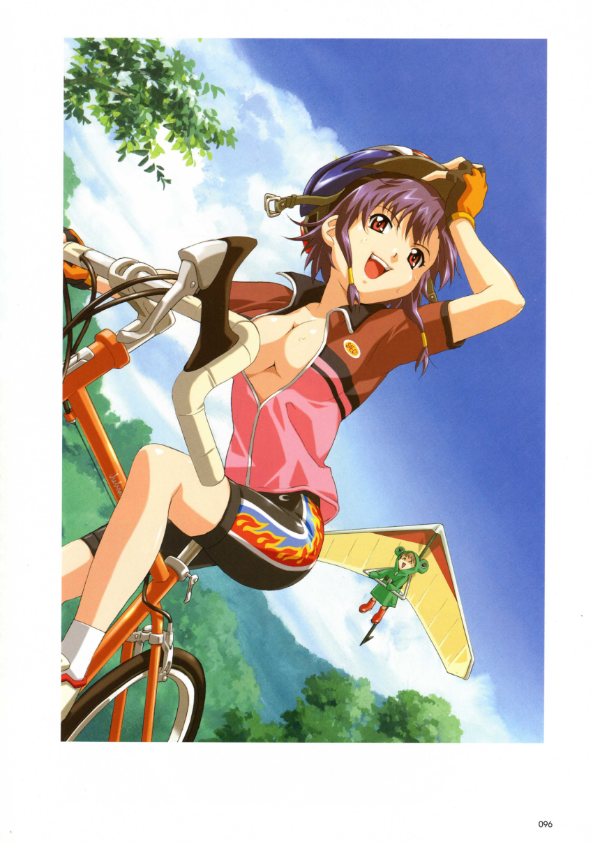 1girl :d animal_costume artbook bicycle bike_shorts breasts cloud day female_focus frog_costume gloves hang_gliding happoubi_jin happy helmet highres ishibashi_tsubame jacket medium_breasts open_clothes open_jacket open_mouth purple_hair red_eyes scan separate_blue sky smile solo sweet_body