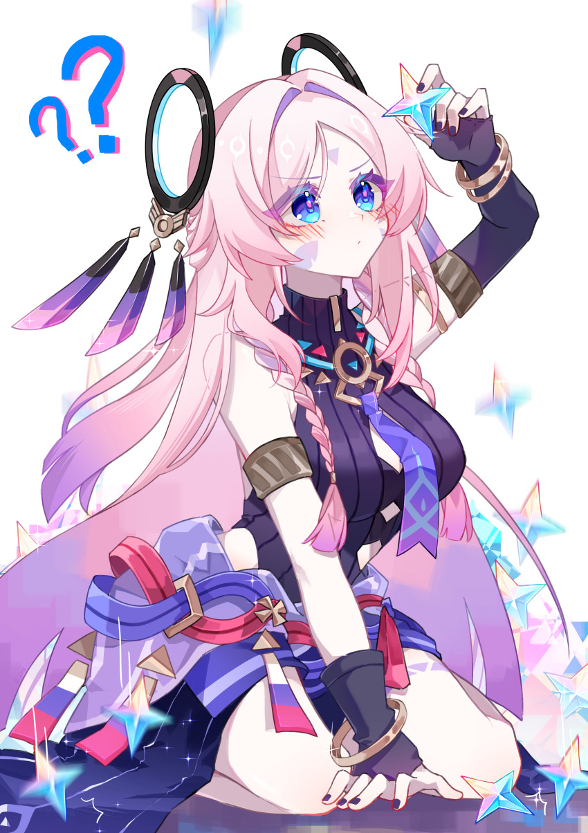 1girl ? ?? absurdres blue_eyes blush breasts chinese_commentary citlali_(genshin_impact) cleavage_cutout closed_mouth clothing_cutout commentary_request facepaint feathers fingerless_gloves genshin_impact gloves hair_ornament highres holding leotard ling414353 long_hair medium_breasts pink_hair primogem purple_gloves purple_leotard purple_sarong sarong seiza sitting solo white_background