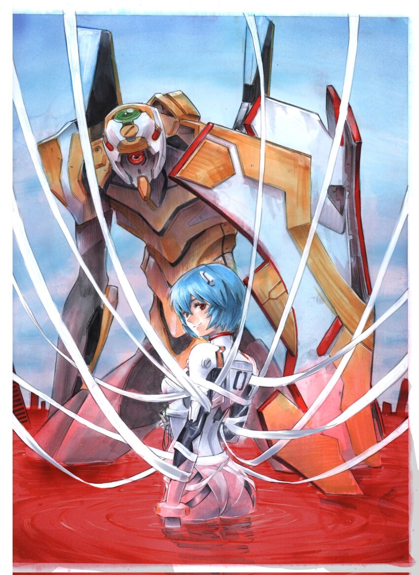 1girl ass ayanami_rei blue_hair bodysuit breasts eva_00 evangelion_(mecha) highres holding interface_headset_(evangelion) looking_at_viewer mecha mecha_pilot_suit medium_breasts neon_genesis_evangelion one-eyed plugsuit_(evangelion) red_eyes robot rodrigo_yoshimiya science_fiction short_hair solo white_bodysuit