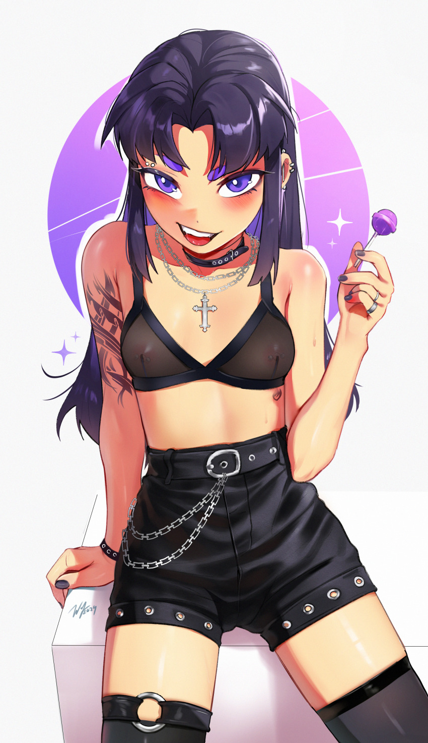 1girl absurdres arm_tattoo black_bra black_shorts black_thighhighs blackfire bra candy chain chain_necklace collar covered_erect_nipples cross cross_necklace dc_comics eyelid_piercing food highres jewelry lollipop long_hair looking_at_viewer necklace nipple_piercing o-ring o-ring_thigh_strap open_mouth piercing purple_eyes purple_hair see-through_clothes shorts solo tattoo teen_titans teeth thigh_strap thighhighs underwear upper_teeth_only waligner