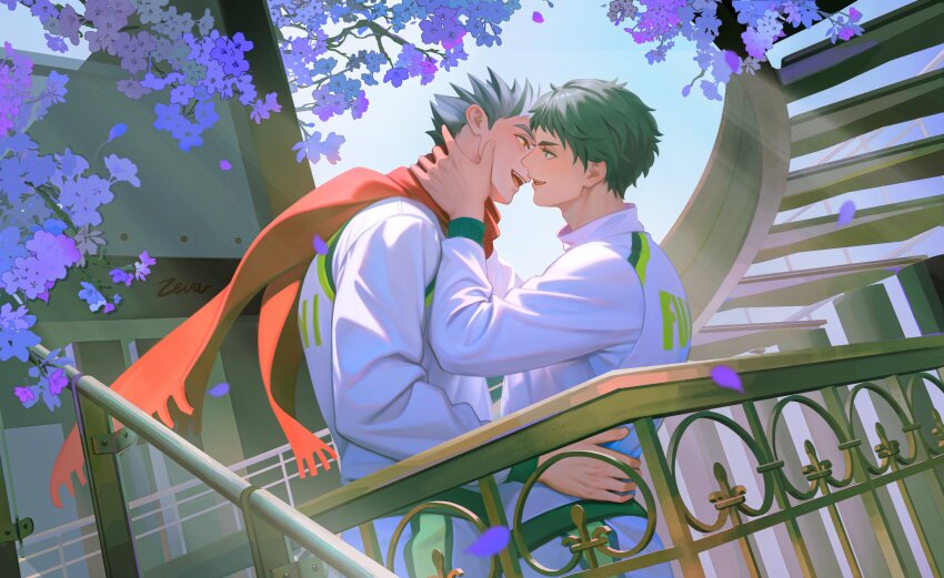 2boys absurdres akaashi_keiji black_hair bokuto_koutarou cherry_blossoms commentary couple eye_contact falling_petals flower fukurodani_volleyball_uniform green_eyes grey_hair haikyuu!! hand_on_another&#039;s_face hand_on_another&#039;s_waist hashtag-only_commentary highres imminent_kiss jacket long_sleeves looking_at_another male_focus multicolored_hair multiple_boys open_mouth outdoors petals railing red_scarf scarf sideburns sky smile spiked_hair stairs streaked_hair teeth tongue tree upper_teeth_only white_jacket yaoi zeva0326