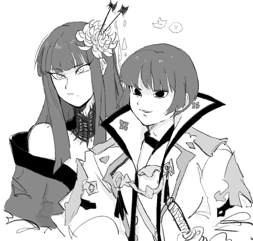 1boy 1girl :3 asahi_sas_brutus bad_id bad_link bad_twitter_id blunt_bangs brother_and_sister final_fantasy final_fantasy_xiv flower glaa_da greyscale hair_flower hair_ornament hair_stick highres hyur jacket lace_collar long_hair mole mole_under_mouth monochrome off_shoulder short_hair siblings simple_background straight_hair upper_body white_background yotsuyu_goe_brutus