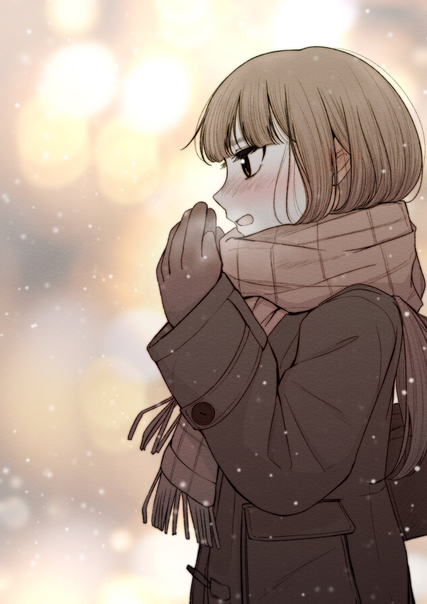 1girl bag blurry blurry_background bokeh brown_bag brown_coat brown_eyes brown_gloves brown_hair brown_scarf coat depth_of_field enpera from_side gloves hands_up highres long_hair long_sleeves neoinuri open_mouth original outdoors profile scarf school_bag snowing solo upper_body warming_hands