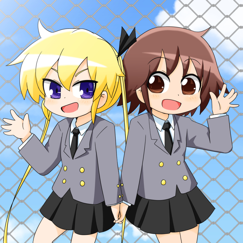 2girls black_necktie black_skirt blue_eyes blush brown_eyes brown_hair chain-link_fence cloud day dot_nose feet_out_of_frame female_focus fence hair_between_eyes holding holding_hands kill_me_baby legs long_hair long_sleeves looking_at_viewer multiple_girls necktie oribe_yasuna owlz short_hair skirt sky sonya_(kill_me_baby) standing twintails
