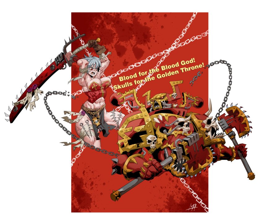 1boy 1girl abs absurdres adepta_sororitas adeptus_astartes armor axe breasts chain chain_axe chainsword chaos_(warhammer) chaos_space_marine corset dual_wielding english_text fake_horns gloves helmet highres holding holding_weapon horned_helmet horns jumping large_breasts loincloth muscular muscular_female power_armor purity_seal red_eyes rmulderz scar scar_across_eye scar_on_face sharp_teeth short_hair teeth warhammer_40k weapon white_hair