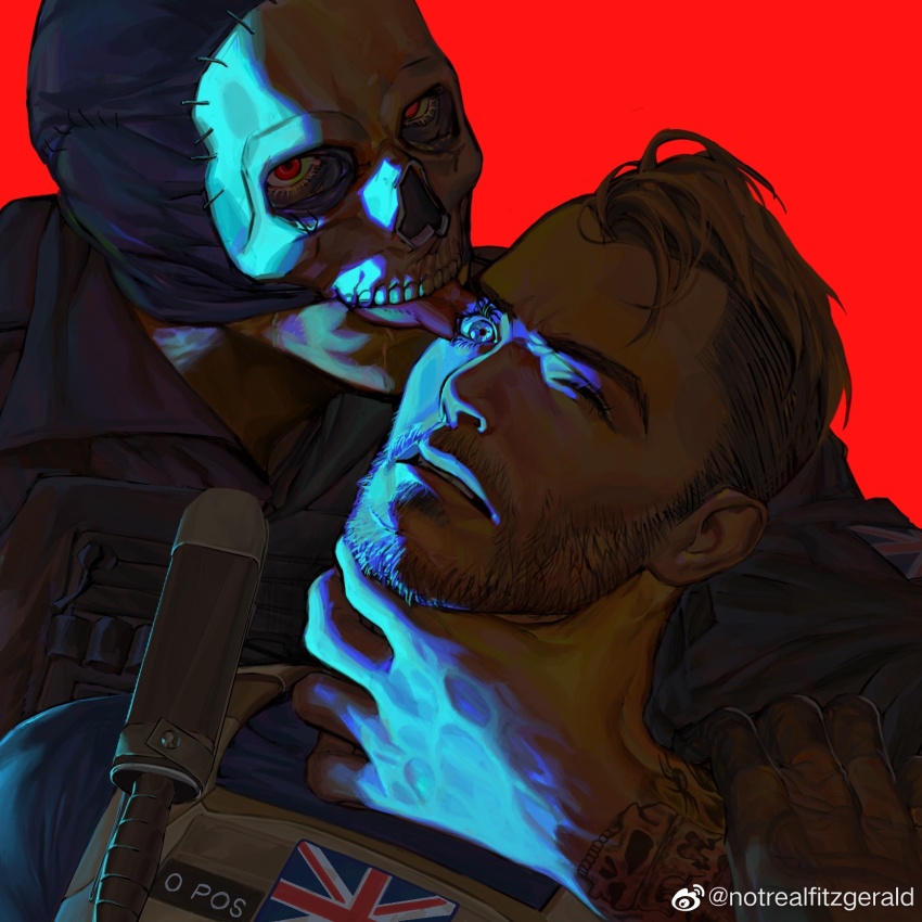 2boys artist_request bara beard black_hair bulletproof_vest call_of_duty call_of_duty:_modern_warfare_2 facial_hair ghost_(modern_warfare_2) highres licking licking_eye looking_at_viewer male_focus mask mask_lift mature_male multiple_boys one_eye_closed red_background red_eyes short_hair skull_mask soap_(modern_warfare_2) tongue tongue_out union_jack union_jack_print upper_body yaoi