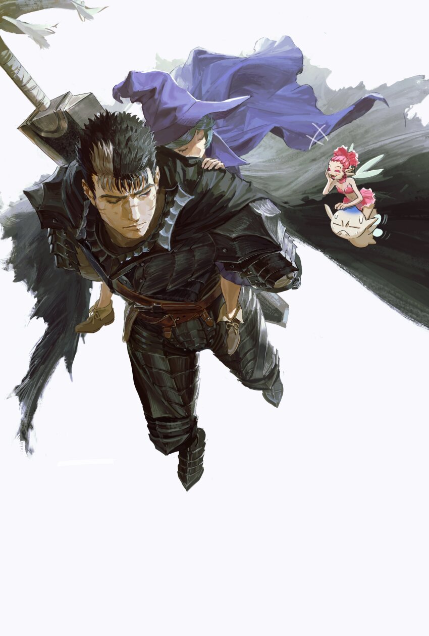 2boys 2girls absurdres armor armored_boots berserk black_hair black_shirt boots brown_footwear cape carrying carrying_person cavehuuu closed_eyes closed_mouth evarella_(berserk) fairy fairy_wings flying frown green_hair guts_(berserk) hat highres laughing multicolored_hair multiple_boys multiple_girls one_eye_closed open_mouth piggyback pink_hair pink_skirt puck_(berserk) purple_cape purple_hat scar scar_on_face schierke_(berserk) shirt simple_background skirt sleeping sweat sword sword_on_back walking weapon weapon_on_back white_background white_hair wings witch