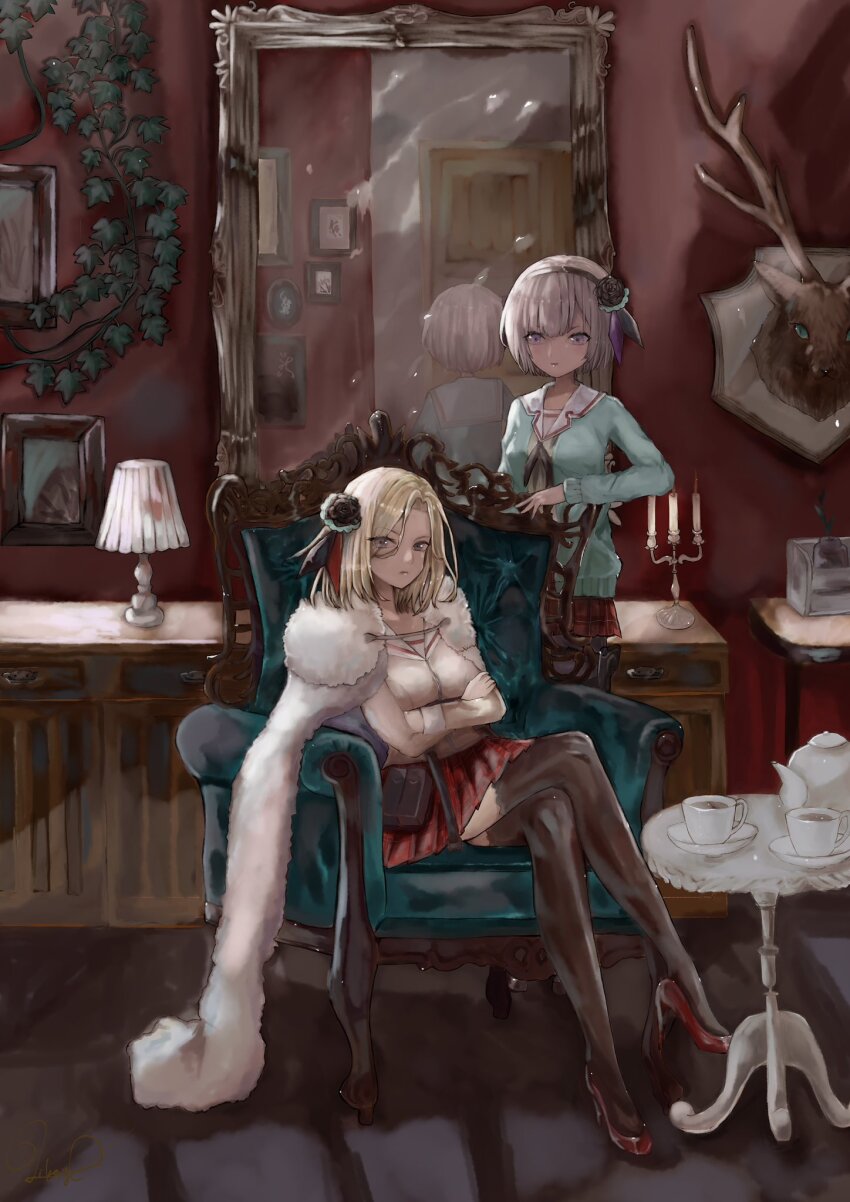 2girls ahoge black_flower black_thighhighs blonde_hair breasts cape crossed_legs deer_head flower fur-trimmed_cape fur_trim grey_hair hair_flower hair_ornament heaven_burns_red highres indoors long_sleeves minase_ichigo minase_sumomo mirror multiple_girls rickey_d rose sailor_collar shirt short_hair skirt thighhighs white_sailor_collar