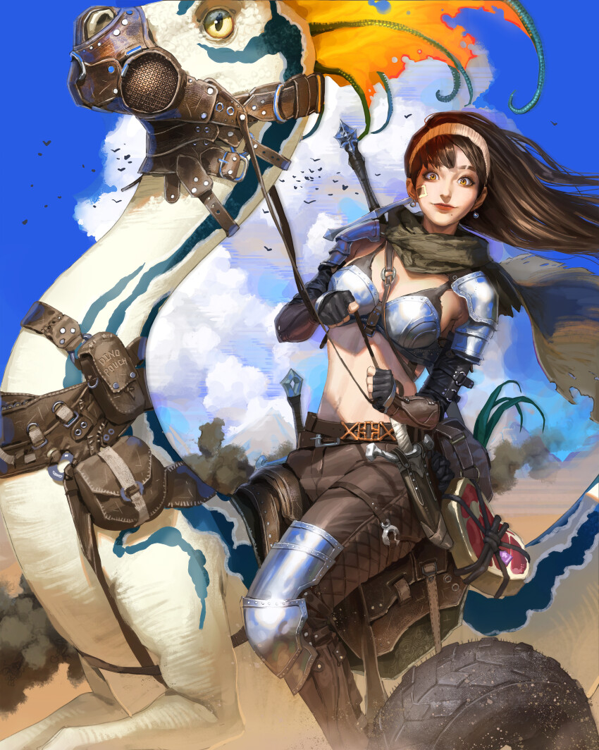1girl absurdres armor belt bikini_armor black_gloves brown_belt brown_eyes brown_hair brown_pants cloud dinosaur riding_dinosaur earrings eyebrow_cut fingerless_gloves floating_hair food gloves hair_behind_ear heo_sung-moo highres jewelry knife long_hair looking_at_viewer meat mole mole_under_mouth muzzle navel original pants realistic riding sheath sheathed sky smile solo wheel