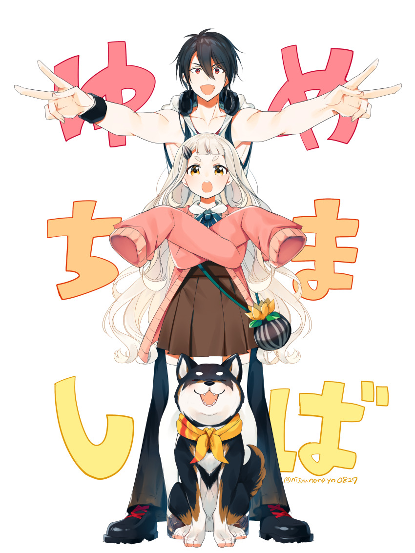 1boy 1girl :d absurdres animal bag bare_arms bare_shoulders black_footwear black_hair black_pants blue_bow bow brown_eyes brown_footwear brown_skirt collarbone collared_shirt crossed_arms dog double_v grey_hair hair_between_eyes hair_ornament headphones headphones_around_neck highres jacket kokumucho_(nijisanji) kuroi_shiba loafers long_sleeves machita_chima machita_chima_(1st_costume) nijisanji ninahachi open_clothes open_jacket open_mouth pants pink_jacket pleated_skirt puffy_long_sleeves puffy_sleeves red_eyes seed shirt shoes shoulder_bag simple_background skirt sleeveless sleeveless_jacket sleeves_past_fingers sleeves_past_wrists smile standing sunflower_seed thighhighs translation_request twitter_username v v-shaped_eyebrows virtual_youtuber white_background white_shirt white_thighhighs yumeoi_kakeru yumeoi_kakeru_(1st_costume)