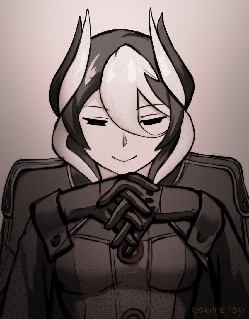 1girl black_cape black_eyes black_gloves black_hair breasts cape closed_eyes closed_mouth cowfee facing_viewer gloves hair_between_eyes highres horns interlocked_fingers jacket long_sleeves made_in_abyss medium_breasts multicolored_hair ozen short_hair simple_background smile solo translation_request two-tone_hair upper_body white_hair