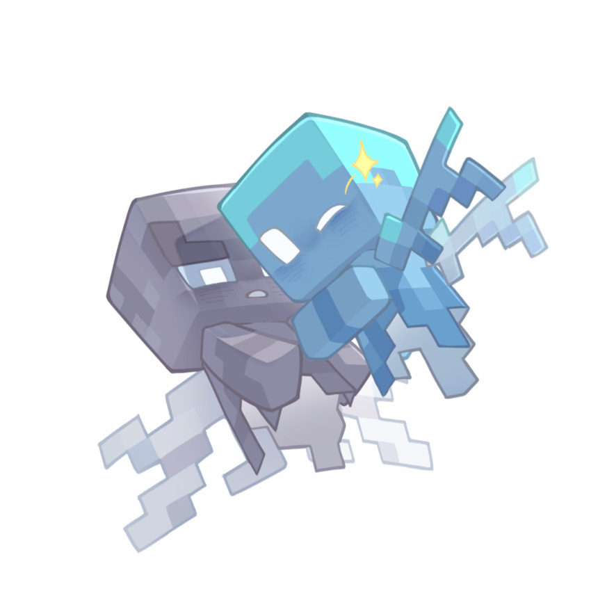 2others allay annoyed chinese_commentary colored_sclera commentary_request grey_sclera hug looking_at_viewer minecraft minecraft_(style) multiple_others one_eye_closed other_focus simple_background solid_oval_eyes sparkle veghia vex_(minecraft) white_background white_eyes wings