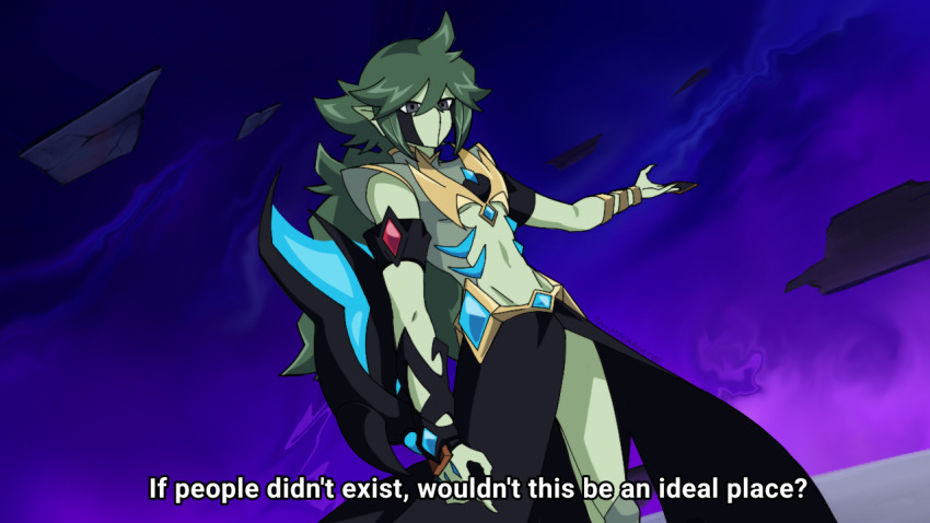 1boy alternate_form arm_strap black_cloak blue_gemstone blue_sky body_markings card cloak crossover duel_disk english_text facial_mark facing_to_the_side fake_screenshot floating gem gold_trim green_hair green_tunic grey_eyes holding holding_card long_bangs looking_to_the_side male_focus n_(pokemon) nintendo nuumigranate outdoors outstretched_arm parody pokemon pokemon_bw ponytail purple_sky red_gemstone sky style_parody tunic yu-gi-oh! yu-gi-oh!_zexal