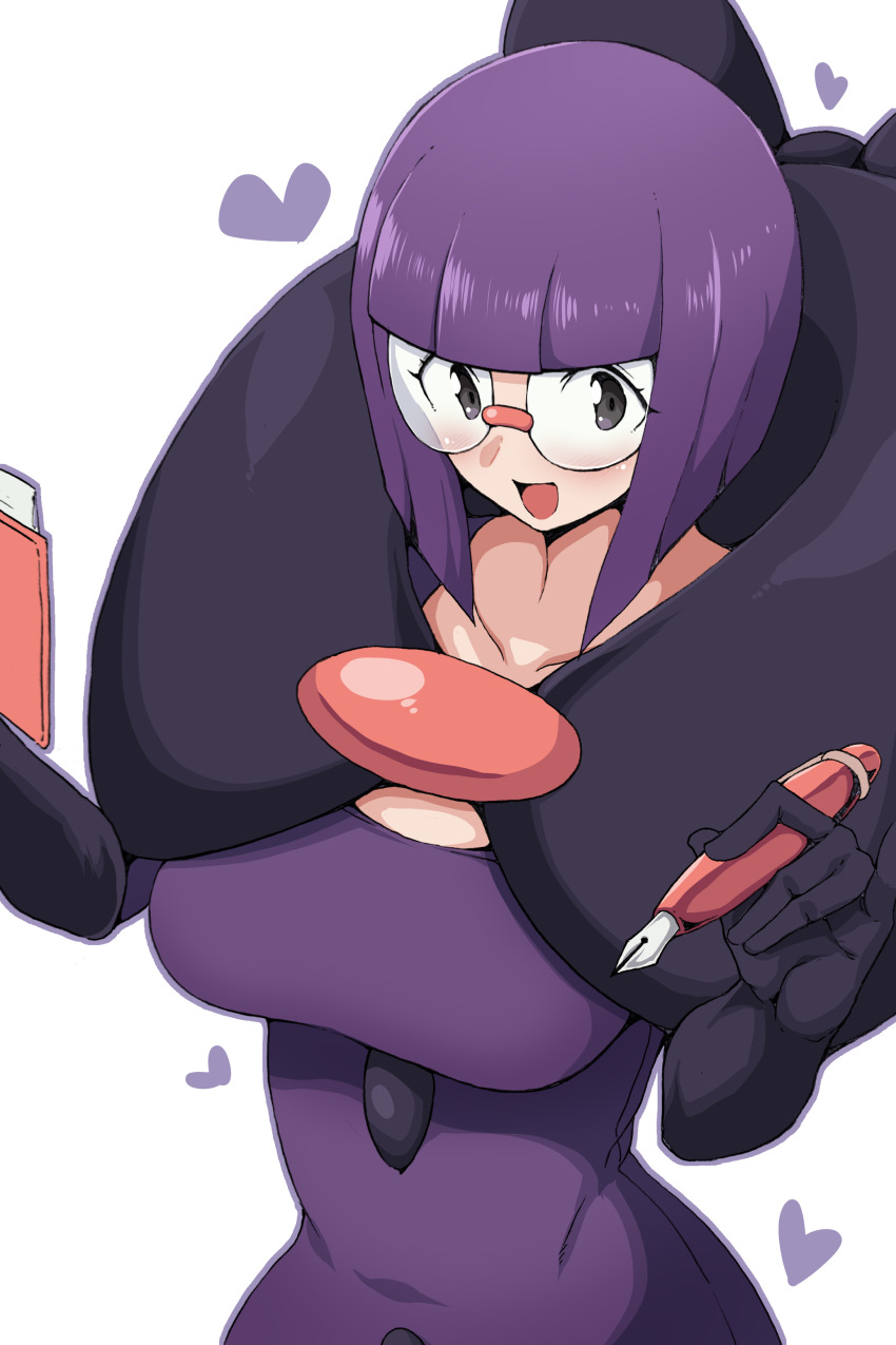 1girl absurdres b-kyuu_ocha blunt_bangs blush bob_cut book breasts buttons elbow_gloves glasses gloves heart highres holding holding_book holding_pen large_breasts low-cut medium_breasts medium_hair nintendo open_mouth pen pokemon pokemon_bw purple_eyes purple_hair rimless_eyewear round_eyewear shauntal_(pokemon) short_hair smile solo upper_body