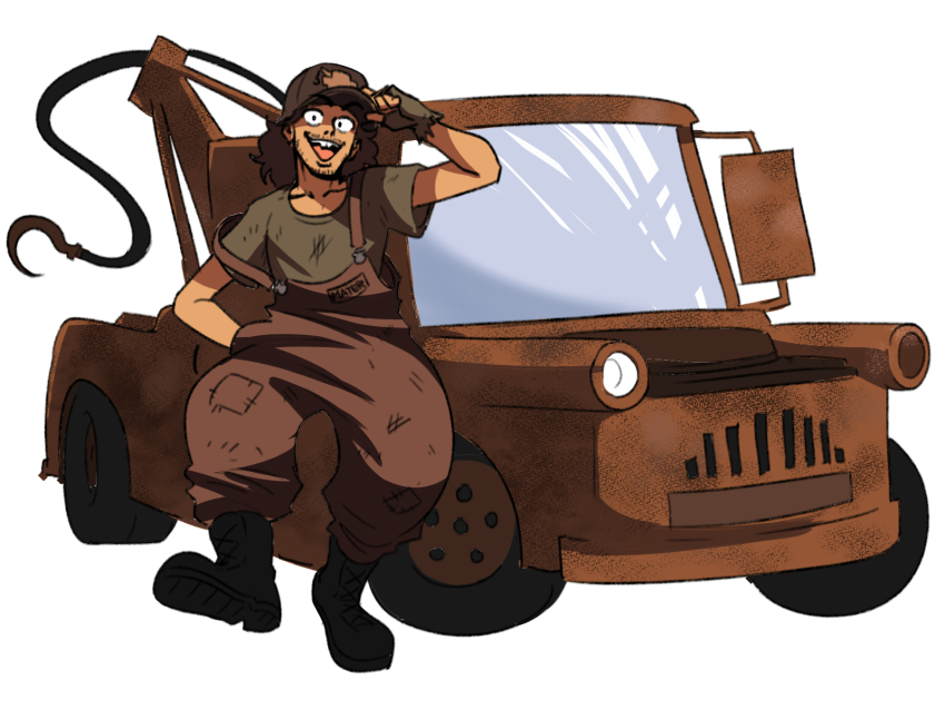 1boy :d adjusting_clothes adjusting_headwear boots brown_car brown_hair car cars_(movie) facial_hair facing_viewer fingerless_gloves full_body gloves hat highres looking_at_viewer male_focus motor_vehicle open_mouth overalls personification shirt simple_background smile teeth tina_fate tow_mater tow_truck vehicle_and_personification vehicle_focus walking white_background