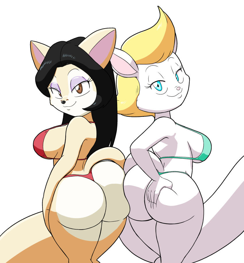 2girls absurdres animal_ears ass ass-to-ass ass_press bare_shoulders bikini black_hair blonde_hair blue_eyes breasts brown_eyes cat_ears cat_tail come_hither deep_skin from_behind furry furry_female grabbing_own_ass highres large_breasts long_hair looking_at_viewer looking_back multiple_girls original sideboob smile swimsuit tail tansau thong thong_bikini