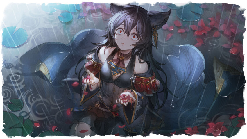 1girl :o absurdres animal_ears ascot bags_under_eyes belt black_hair breasts brown_corset cleavage corset crying crying_with_eyes_open dress ear_piercing empty_eyes erune flower granblue_fantasy granblue_fantasy_versus:_rising hands_up highres holding holding_petal horrified kneeling lily_pad long_hair looking_up medium_breasts messy_hair minaba_hideo nier_(granblue_fantasy) off-shoulder_dress off_shoulder official_art petals piercing puddle rain red_ascot red_eyes red_flower rose_petals sad solo tears third-party_source wet wet_clothes wide-eyed