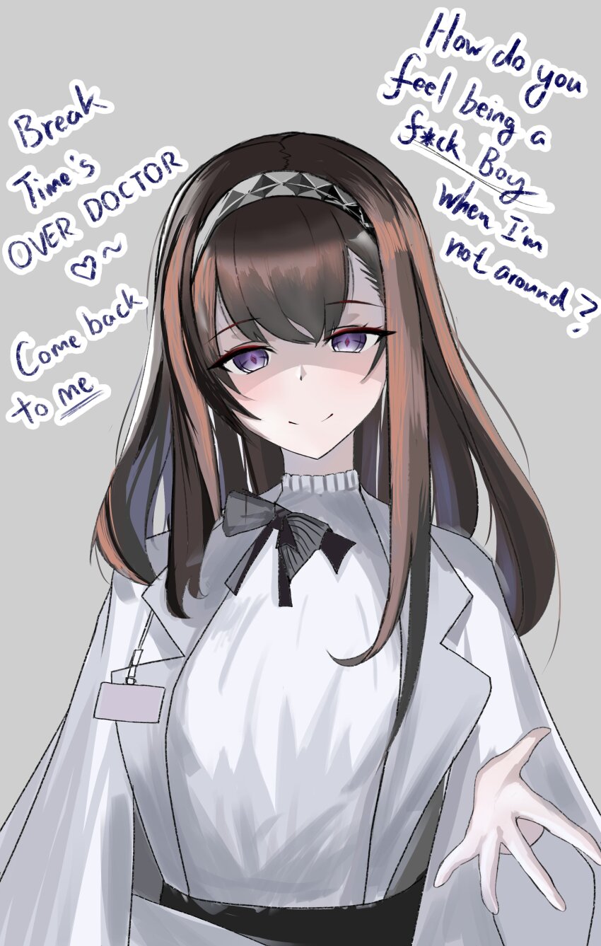 1girl absurdres arknights black_hairband brown_hair cabbage_ex closed_mouth coat diamond-shaped_pupils diamond_(shape) english_text grey_background grey_hairband hair_between_eyes hairband heart highres lab_coat lapels light_blush looking_at_viewer medium_hair outstretched_hand priestess_(arknights) profanity purple_eyes reaching reaching_towards_viewer red_pupils shaded_face simple_background smile solo split_mouth sweater symbol-shaped_pupils upper_body white_coat white_sweater