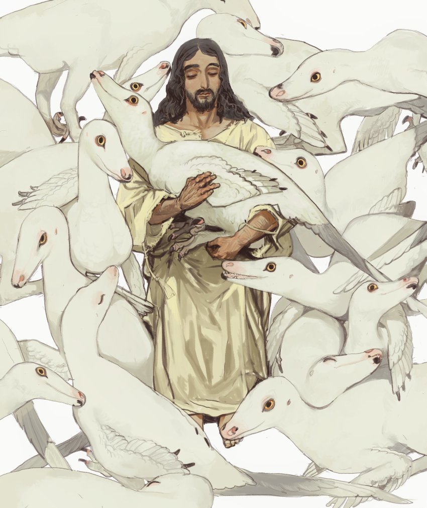 1boy absurdres animal barefoot beard bird black_hair brown_robe closed_eyes dinosaur facial_hair highres holding holding_animal jesus long_hair long_sleeves male_focus mossacannibalis raptor real_life robe the_bible