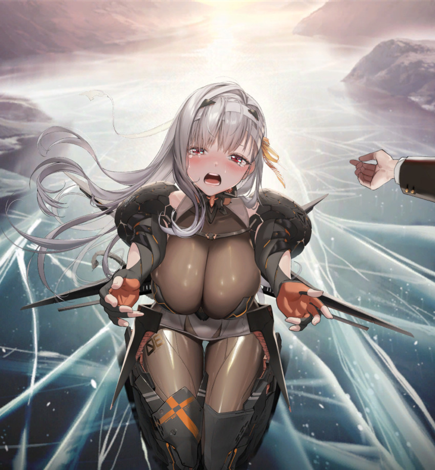 1boy 1girl armored_bodysuit breasts commander_(nikke) crying crying_with_eyes_open game_cg goddess_of_victory:_nikke grey_hair highres hug large_breasts long_hair mecha_musume modernia_(nikke) official_art red_eyes tears thighs