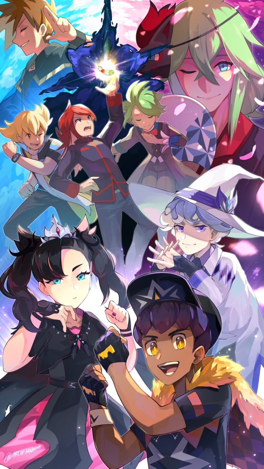 1girl 6+boys alternate_color barry_(pokemon) baseball_cap bede_(champion)_(pokemon) bede_(pokemon) black_dress black_hair blonde_hair blue_oak blue_oak_(sygna_suit) bow bowtie closed_eyes crown dark-skinned_male dark_skin dress feathers fingerless_gloves gloves green_hair hand_fan hat highres hop_(champion)_(pokemon) hop_(pokemon) looking_at_viewer marnie_(champion)_(pokemon) marnie_(pokemon) mask mask_on_head minmini multiple_boys n_(pokemon) n_(summer_2022)_(pokemon) nail_polish nintendo official_alternate_costume one_eye_closed open_mouth own_hands_together petals pokemon pokemon_hgss pokemon_masters_ex poketch purple_eyes purple_hair rainbow_feather_(pokemon) red_hair scarf silver_(pokemon) smile sparkle twitter_username wally_(pokemon) wally_(sygna_suit)_(pokemon) watch witch_hat wristwatch yellow_eyes