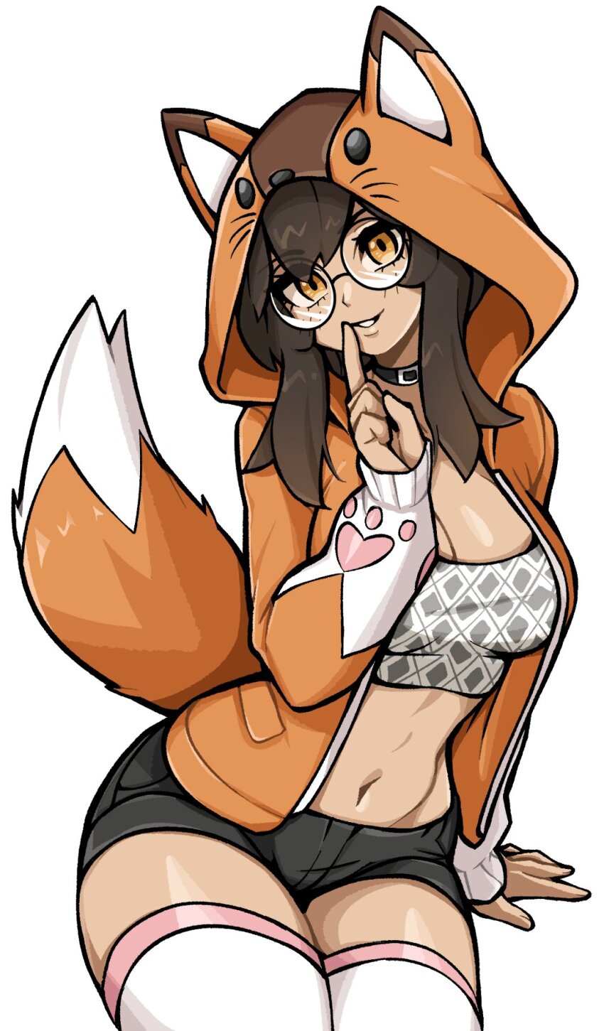 1girl animal_ears animal_hood black_choker black_shorts breasts brown_hair choker commentary commission crop_top double-parted_bangs fake_animal_ears fake_tail finger_to_mouth fox_ears fox_hood fox_tail glasses highres hood hooded_jacket jacket large_breasts long_hair long_sleeves looking_at_viewer micro_shorts midriff navel oninuer open_clothes open_jacket orange_eyes orange_jacket original round_eyewear shorts simple_background smile solo tail thighhighs white_background white_thighhighs