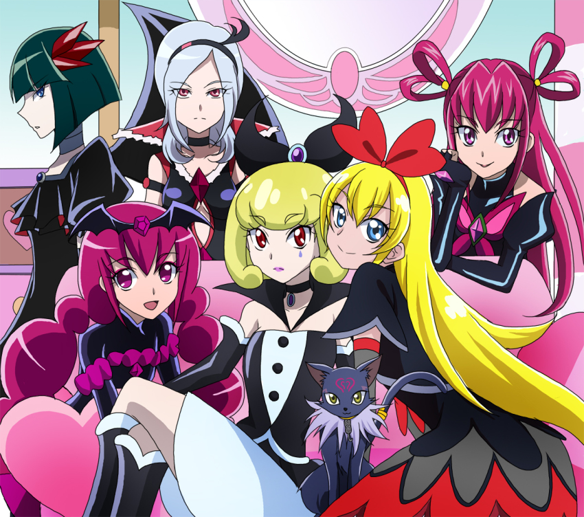 6+girls arm_strap bad_end_happy black_gloves black_hairband black_ribbon black_socks black_wings blonde_hair blue_eyes breasts cat character_cutout character_request choker collarbone crossed_legs dark_dream dark_precure detached_sleeves elbow_gloves fingerless_gloves gloves green_eyes green_hair grey_gloves hair_between_eyes hair_ornament hair_ribbon hairband head_rest kneehighs long_hair looking_at_viewer masako_(sabotage-mode) multiple_girls pink_eyes precure purple_eyes purple_hair red_eyes red_hairband regina_(dokidoki!_precure) ribbon short_hair silver_hair single_wing sitting small_breasts smile socks twintails underboob wings