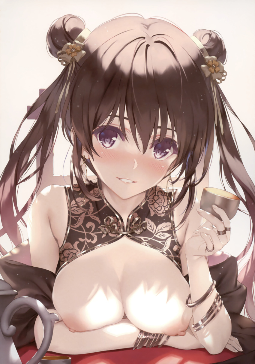1girl absurdres bare_shoulders blush bracelet breasts brown_eyes brown_hair choko_(cup) comic_aun cup double_bun earrings floral_print gold_trim hair_bun hair_ornament head_tilt highres holding jewelry lips long_hair looking_at_viewer medium_breasts misaki_kurehito nipples parted_lips ring scan simple_background sleeveless smile table tougetsu_matsuri upper_body
