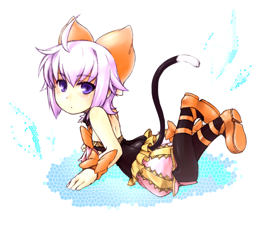 1girl bare_shoulders cat_tail female_focus final_fantasy final_fantasy_crystal_chronicles final_fantasy_crystal_chronicles:_echoes_of_time lying pantyhose pink_hair sherlotta solo tail tsukinami tsukinami_kousuke