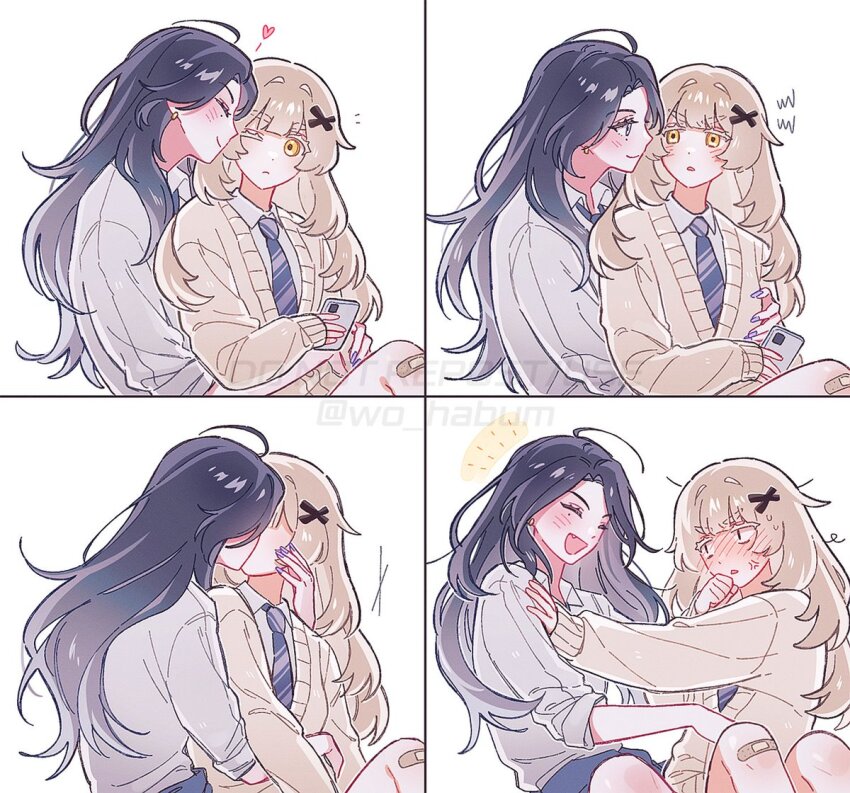 2girls 4koma azusawa_kohane bandaid bandaid_on_leg blush comic kiss laughing long_hair multiple_girls project_sekai school_uniform shiraishi_an wo_habum yuri