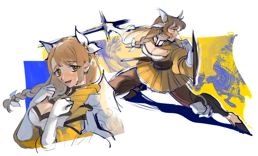 1girl absurdres black_corset braid braided_ponytail brown_hair corset fire_emblem fire_emblem_engage folded_twintails goldmary_(fire_emblem) highres holding holding_shield low_ponytail mochako_(motyako_1005) nintendo ponytail ribbon shield single_shoulder_pad skirt white_ribbon yellow_skirt