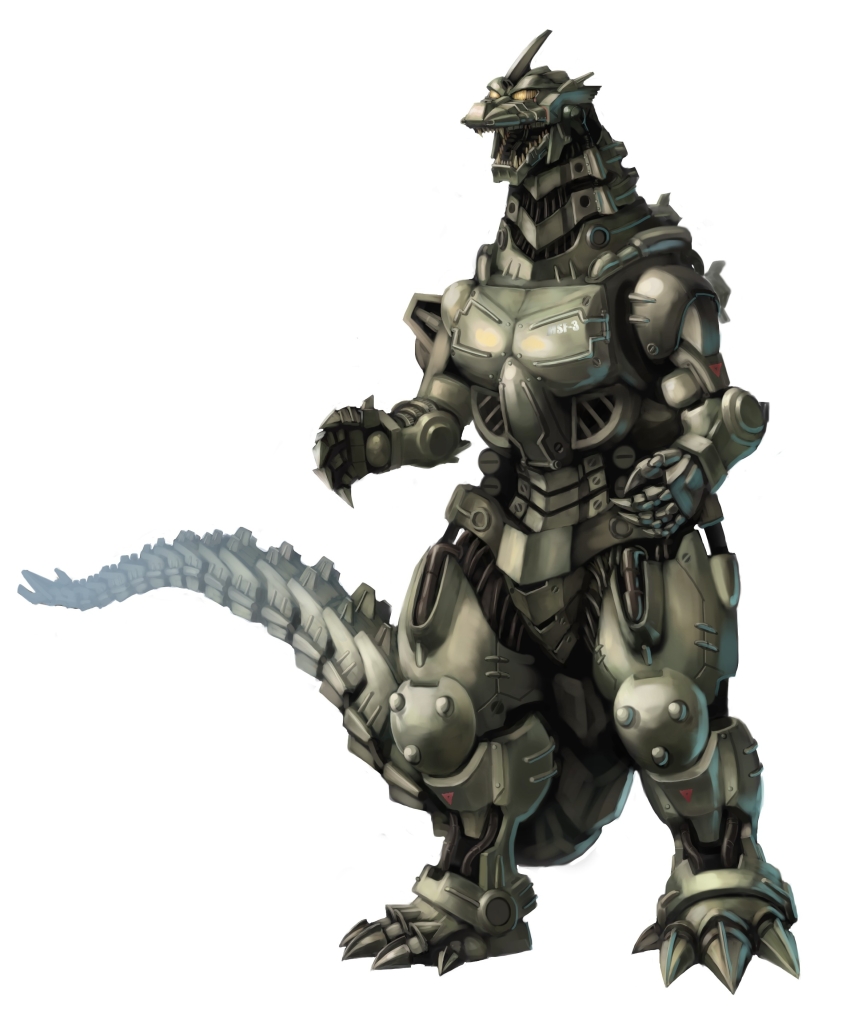 absurdres cyborg godzilla:_tokyo_s.o.s. godzilla_(series) highres kaiju kiryu_(godzilla) mecha mechagodzilla no_humans open_mouth polearm robot sharp_teeth simple_background spiral_claw tail teeth toho trident trident_tail type-4_anti-beast_drilling_device ultra-taf weapon white_background yellow_eyes