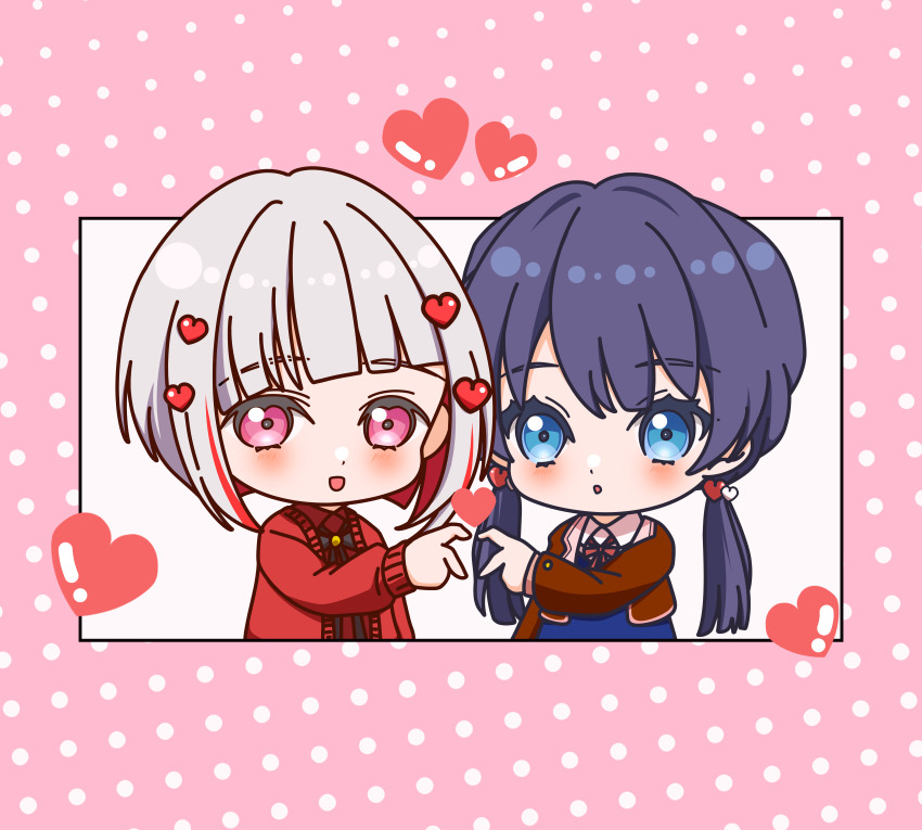 2girls :d :o absurdres black_ribbon blazer blue_eyes blue_hair blue_sweater blush bob_cut border brown_jacket brown_shirt chibi chibi_only collared_shirt colored_inner_hair commentary diagonal_bangs dollchestra dress_shirt grey_hair hair_ornament heart heart_hair_ornament heart_hands heart_hands_duo highres inverted_bob jacket kujo_awenn link!_like!_love_live! long_hair long_sleeves love_live! low_twintails multicolored_hair multiple_girls murano_sayaka murano_sayaka_(present) neck_ribbon official_alternate_costume open_clothes open_jacket open_mouth pink_border pink_eyes polka_dot_border red_hair red_ribbon ribbon shirt simple_background smile streaked_hair sweater twintails virtual_youtuber white_background white_shirt yugiri_tsuzuri yugiri_tsuzuri_(present)