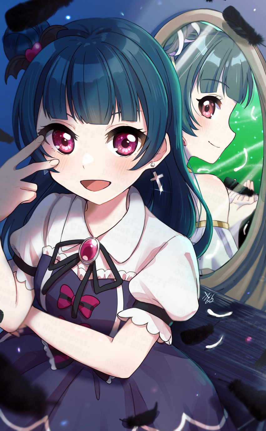 2girls absurdres birthday black_feathers blue_hair blush commentary cross cross_earrings dual_persona earrings far_far_away_(love_live!) feathers genjitsu_no_yohane hair_bun highres jewelry kyaku_tasu long_hair looking_at_viewer love_live! love_live!_sunshine!! mirror multiple_girls pink_eyes single_side_bun smile tsushima_yoshiko upper_body yohane_(genjitsu_no_yohane)