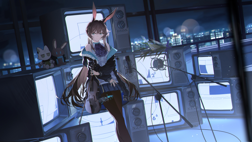 1girl absurdres amiya_(arknights) animal_ears aqua_eyes arknights ascot backlighting bare_shoulders belt_buckle black_jacket black_pantyhose blue_ascot blue_ribbon blue_skirt blurry bouquet bow_(music) brown_hair buckle chinese_commentary choshanland_plushy_(arknights) closed_mouth commentary_request contrapposto crt depth_of_field doctor_(arknights) elinnasky feet_out_of_frame flower hair_between_eyes highres holding holding_bow_(music) holding_instrument holding_violin infection_monitor_(arknights) instrument jacket jacket_partially_removed jewelry kal&#039;tsit_(arknights) long_hair long_sidelocks long_sleeves looking_at_viewer microphone microphone_stand multiple_rings neck_ring night night_sky off_shoulder open_clothes open_jacket pantyhose parted_bangs rabbit_ears rabbit_girl ribbon ring shirt sidelocks skirt sky skyline sleeveless sleeveless_shirt sleeves_past_wrists smile solo studio_microphone television thumb_ring violin white_shirt
