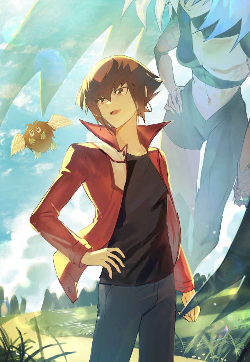 1boy 1other black_shirt blue_pants body_fur breasts brown_eyes brown_fur brown_hair demon_wings denim duel_academy_uniform_(yu-gi-oh!_gx) duel_monster feathered_wings grey_hair hand_on_own_hip highres jacket medium_breasts medium_hair moemoenomori navel outdoors pants purple_hair red_jacket shirt white_wings winged_kuriboh wings yu-gi-oh! yu-gi-oh!_gx yubel yuki_judai
